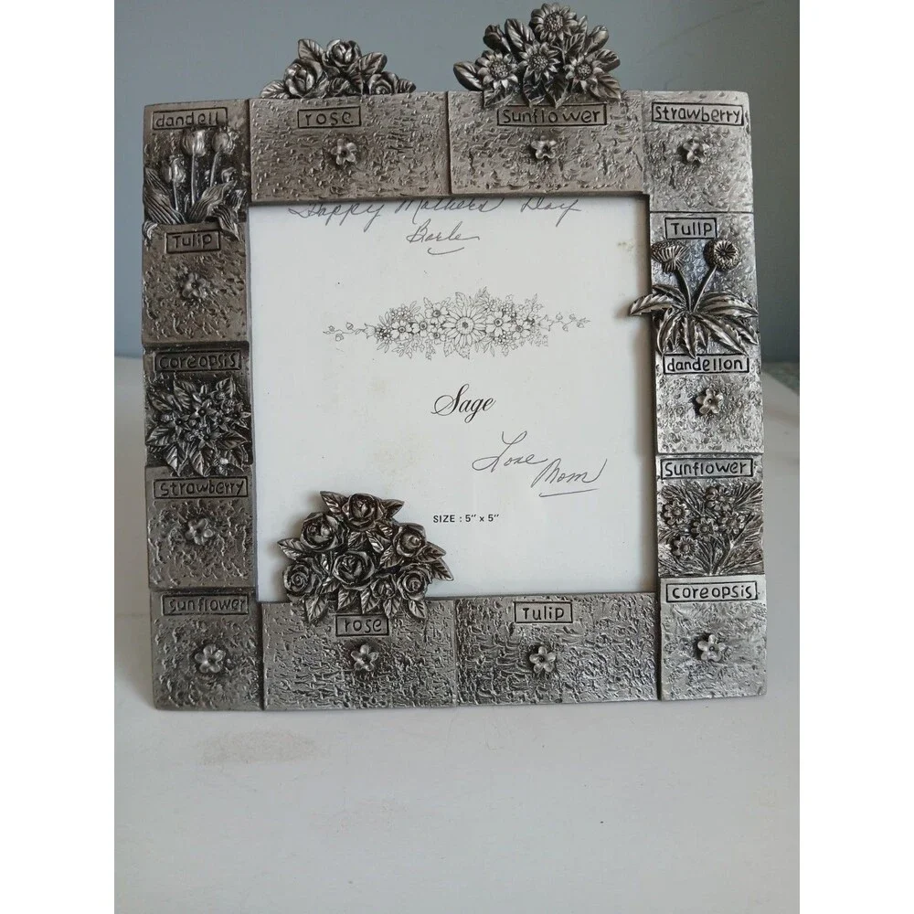 Vtg Sage  Floral Pewter Picture Frame  5 X 5 Rose Tulip Sunflower Strawberry